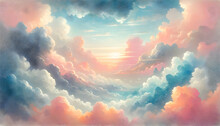 A Background Featuring Abstract Clouds In The Sky With Either A Sun Or Sunset Landscape, Created Using A Watercolor Technique To Achieve A Soft, Light Background.