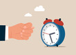 Hand showing fig sign to an alarm clock. A gesture of negative decision, disapproval. Flat vector illustration