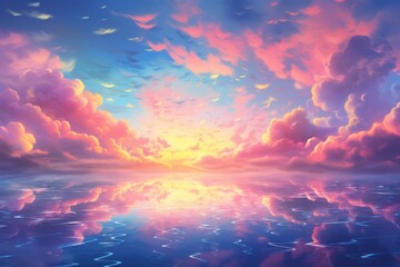 a painting of a sunset over a body of water with clouds in the sky and the sun reflecting off of the