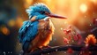  a colorful bird sitting on a branch with water droplets on it's wings and a blurry background of red, yellow, and blue flowers and water droplets.