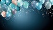  a bunch of balloons floating in the air with confetti and streamers on a dark blue background with confetti and confetti on the bottom of the balloons.