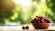  a wooden bowl filled with lots of cherries on top of a wooden table next to a wooden bowl filled with lots of cherries on top of cherries.