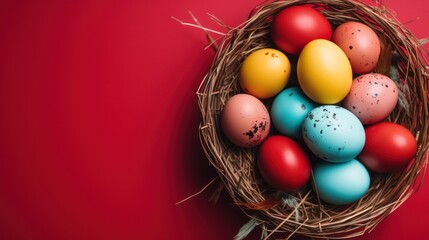  a basket filled with colorful eggs on top of a red table next to a green and yellow egg sitting on top of a straw nest on top of a red surface.