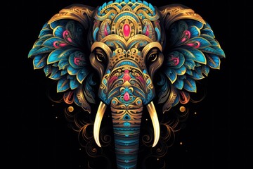 Wall Mural -  a painting of an elephant's head with intricate patterns on it's body and tusks on it's head, against a black background with a black background.