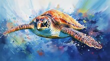 A Painting Of A Green Sea Turtle Swimming In Blue Water With Splashes Of Paint On It's Back And The Top Of It's Head, And Bottom Half Of It's Shell.