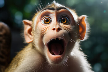 Wall Mural - Close-up portrait of a surprised, shocking monkey with its mouth open. Humorous photo, meme