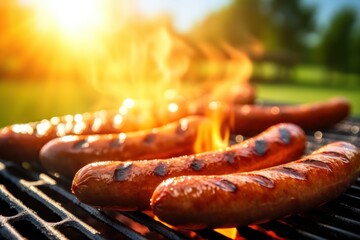 Wall Mural -  three hotdogs on a grill with a flame in the middle of the grill and a grassy area in the background with trees and grass in the foreground.