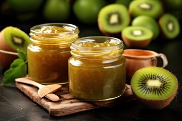 Wall Mural -  a couple of jars filled with food sitting on top of a wooden cutting board next to kiwi slices and a wooden spoon on top of a wooden cutting board.