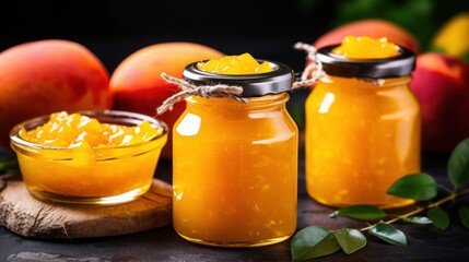 Wall Mural -  a couple of jars filled with food sitting on top of a wooden table next to a bowl of peaches and a couple of peaches next to a bowl of peaches.