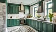 stylish fully kitchen in modern classic style midnight green spray painted cabinet and white brick tiles install on the wall with marble floor tile interior design