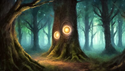 Wall Mural - a dark forest with a pair of glowing eyes staring out from a hollow tree fantasy concept illustration painting generative ai