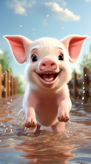 Canvas Print - A Cartoon Piglet in a Cute Farming Scene.Small Piggy