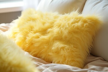 Wall Mural -  a close up of a yellow fluffy pillow on a white couch with a white comforter and a window in a room with white walls and a white bedding.