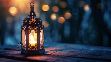 Wall Mural - Elegant Arabian lamp with lit candle shining in the evening. Celebratory card for Islamic sacred month Ramadan Mubarak.