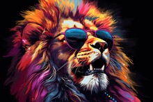 A Painting Of A Lion With Sunglasses On It's Head And A Chain Around It's Neck, With Its Mouth Open And Tongue Out, With Its Mouth Wide Open, On A Black Background.