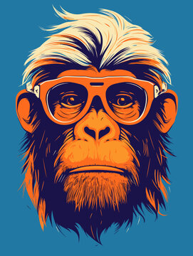 vector ilustration of monkey , risograph of calm monkey, vibrant color, cool monkey in vector illustration style