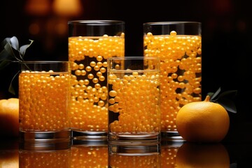 Wall Mural -  a group of glasses sitting on top of a table next to an orange and a glass filled with some sort of liquid on top of a table next to an orange.