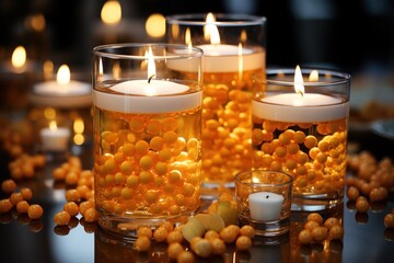 Poster -  a group of candles sitting on top of a table filled with balls of gold colored beads and lit candles in the middle of the candles are floating in the air.