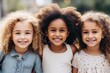  three little girls standing next to each other with their hair in the middle of their face and smiling at the camera, with one girl with curly hair in the middle of the.