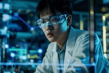 Young Asian scientist working in the laboratory. Research and development of modern science and technology for the future. Futuristic lab with blue lights