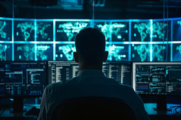 Man in the dark room using computer, looking at many screens with graphs, charts, and data. Concept of information security, technology, and computer intelligence