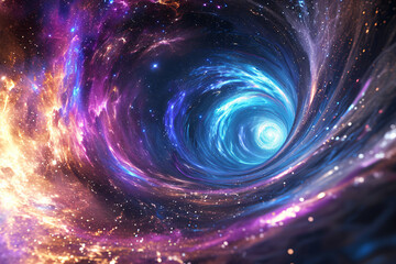 traveling down the wormhole through space, stars and galaxies. a futuristic concept of science and e