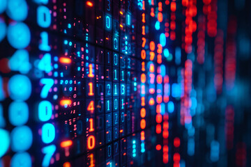  Binary code. Abstract technology background of blue and red digits in motion. Data, information, digital, and technology concept. 3D rendering illustration. Blue and red lights