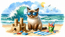  Grumpy Cat Sitting On The Beach, Wearing Sunglasses. Watercolor Illustration. Funny Meme Concept. Design For Print Or Stickers. Summer, Vacation, Beach Life 