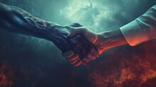 Handshake Between Man And Devil Symbolizes Risky Deal Or Dangerous Business Arrangement. Hand Of Human And Demon Is Metaphor For Bad Contract Or Unethical Way Of Managing Company