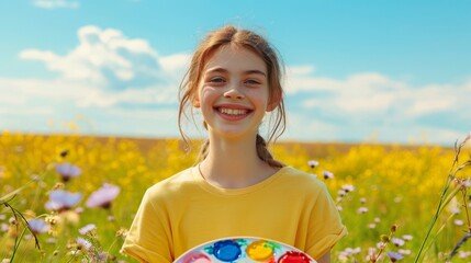 Happy teenage girl paints rainbow in sky with brush and palette with paints person to make nature better. Smiling schoolgirl in casual t-shirt rejoices in good weather