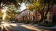 A classic brick townhouse on a tree-lined street in a historic city neighborhood.
