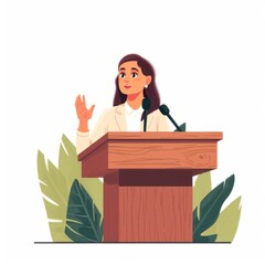 Wall Mural - Professional woman politician speaks standing behind wooden tribune with microphones and waving hand. Young girl activist stands for tougher environmental regulations