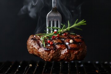 Close-up of a juicy steak stabbed on a fork