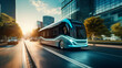 An all-electric city bus and a solar-powered car on a high-tech urban road representing energy innovation.