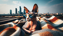A Sphynx Cat Sunbathing On A Rooftop With A Blanket And Sunglasses, Showcasing The City Skyline.