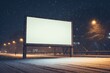 blank billboard stands as a silent sentinel amidst a gently falling snow