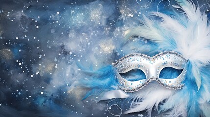 blue masquerade mask with fluffy white feathers and silver glitter