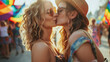 Two girls in love kissing in the street, lesbian love.