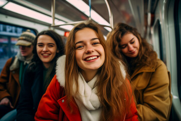 Young smiling college student woman in subway