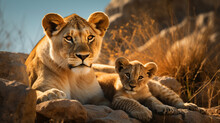 Lioness With Cub Are Resting On The Rocks, AI Generative.