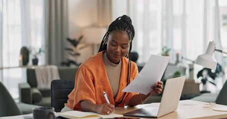 Aufkleber - Black woman in home office, documents and laptop for research in remote work, ideas and thinking. Happy girl at desk with computer, writing notes and online search in house for freelance networking.