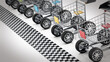 Shopping carts with sports tyres and a spoiler waiting at the start line. 3D illustration