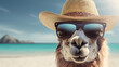 © Jess rodriguez - llama with glasses and hat sunbathing on the beach - concept of enjoying vacation