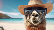 llama with glasses and hat sunbathing on the beach - concept of enjoying vacation