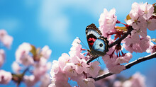Branch Of Blossoming Sakura And Bright Blue Morpho Butterfly, AI Generative.
