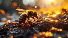 Close-up Of A Bee Pollinating Honeycombs At Sunset