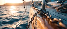 Yacht With Close-up Anchor Chain View Near Gibraltar, Summer Atlantic Sailing. Freight Transport, Global Communications Theme.