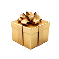 Gold gift box with bow and ribbon without background