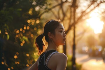 Wall Mural - an asiatic young woman in sport clothes running outdoors