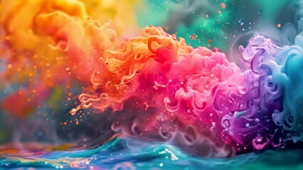 Abstract colorful background, magic mixing of color, 4K color powder explosion animation. the ink in water splash paint mixes multicolored liquids.